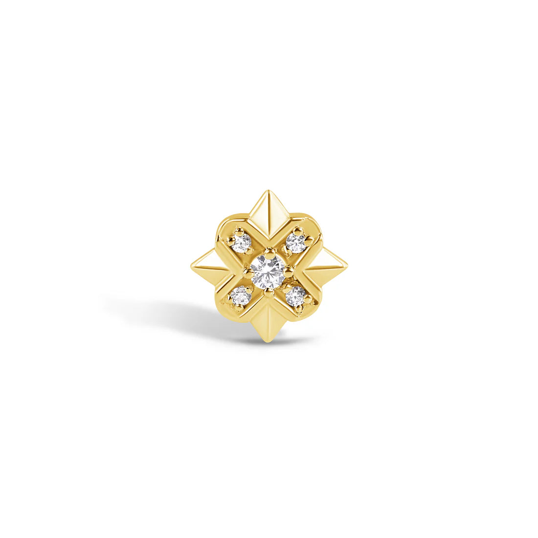 A single 14k gold stud earring with a geometric pattern featuring four 1mm white CZs and one 1.75mm white CZ, designed for threadless piercings.