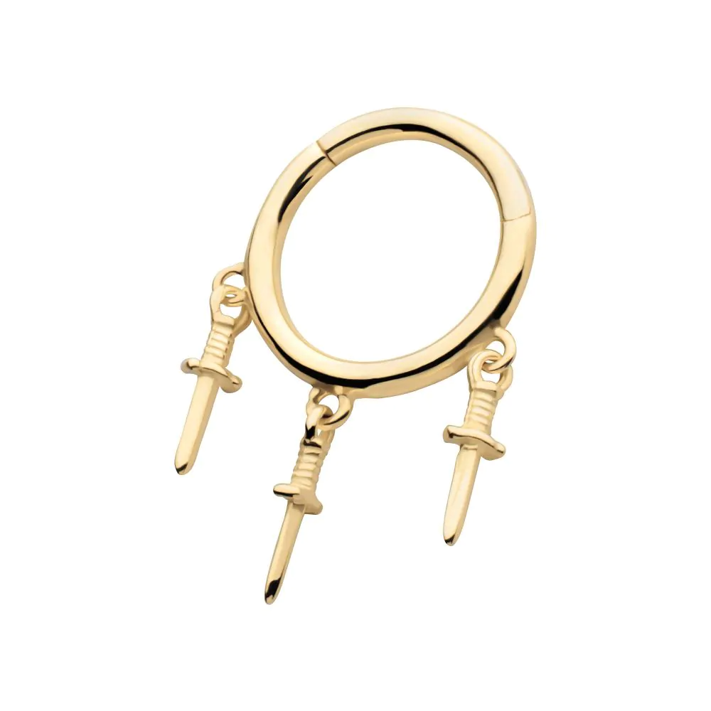 A 14k gold-colored triple dagger dangle clicker with three dangling daggers, against a white background.