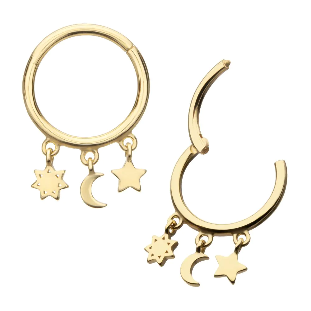 14k Gold Moon + Stars Dangle Clicker