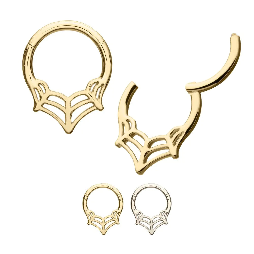A collection of 14k gold body jewelry with spiderweb designs in various sizes.