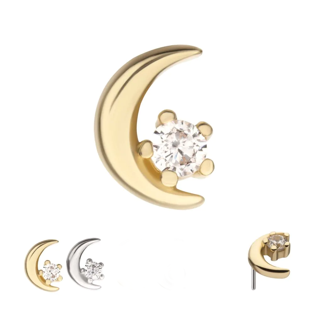 A 14k gold moon-shaped stud with a central Swarovski star, available in two different colours (white and yellow). Also shown from a sideways angle.