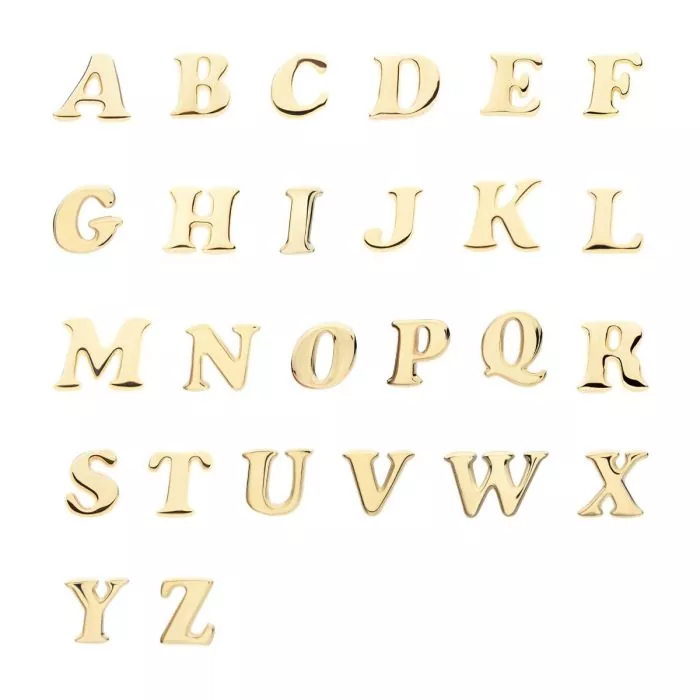 A collection of gold stud earrings shaped like the letters A through Z.