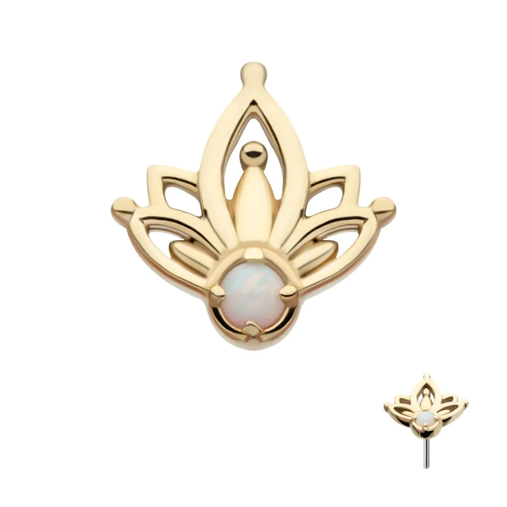 A 14k gold yellow petal-shaped stud earring with a white opal center, displayed against a white background.