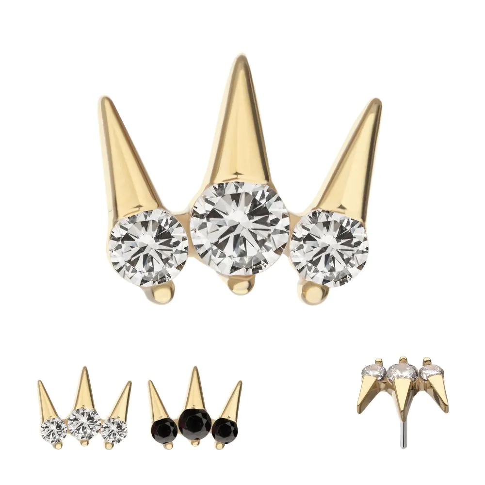 14k gold triple spike stud earrings with Swarovski gems, shown in various gem colours and from two different angles.