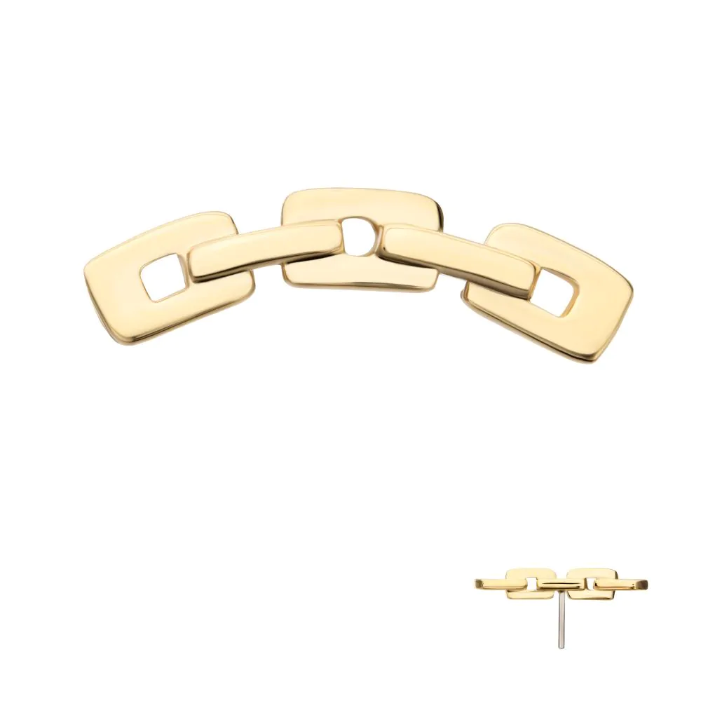 A 14k gold curved chain jewelry with a solid yellow gold finish, showing both the curved chain design and the flatback threadless post attachment.