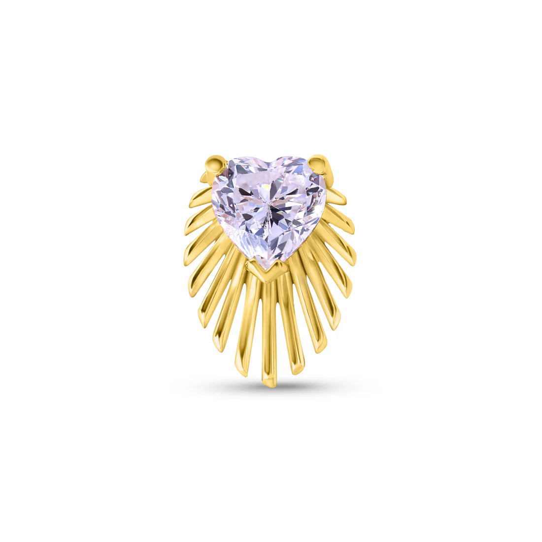 A gold-colored hoop earring with a heart-shaped design, featuring a central clear crystal surrounded by smaller clear crystals, intended for use with a flatback threadless post.