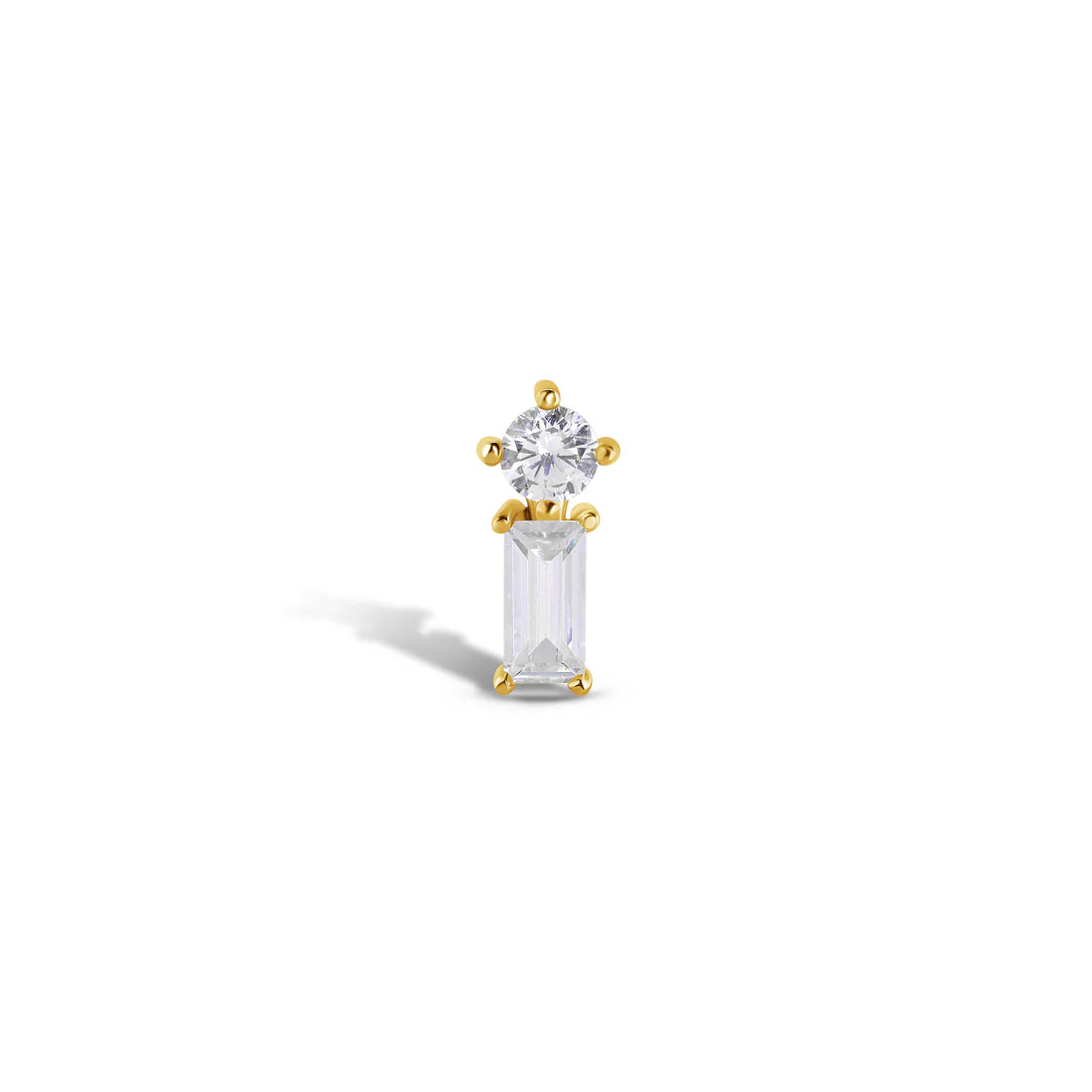 A single gold-colored stud earring with a clear, central white cubic zirconia surrounded by five smaller white cubic zirconia accents, set against a white background.