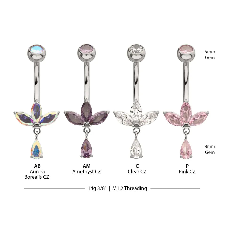 Triple Marquise Navel Barbell with Floating Teardrop Gem Dangle