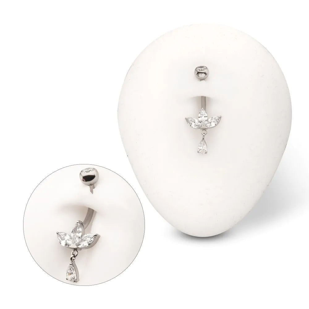 Triple Marquise Navel Barbell with Floating Teardrop Gem Dangle