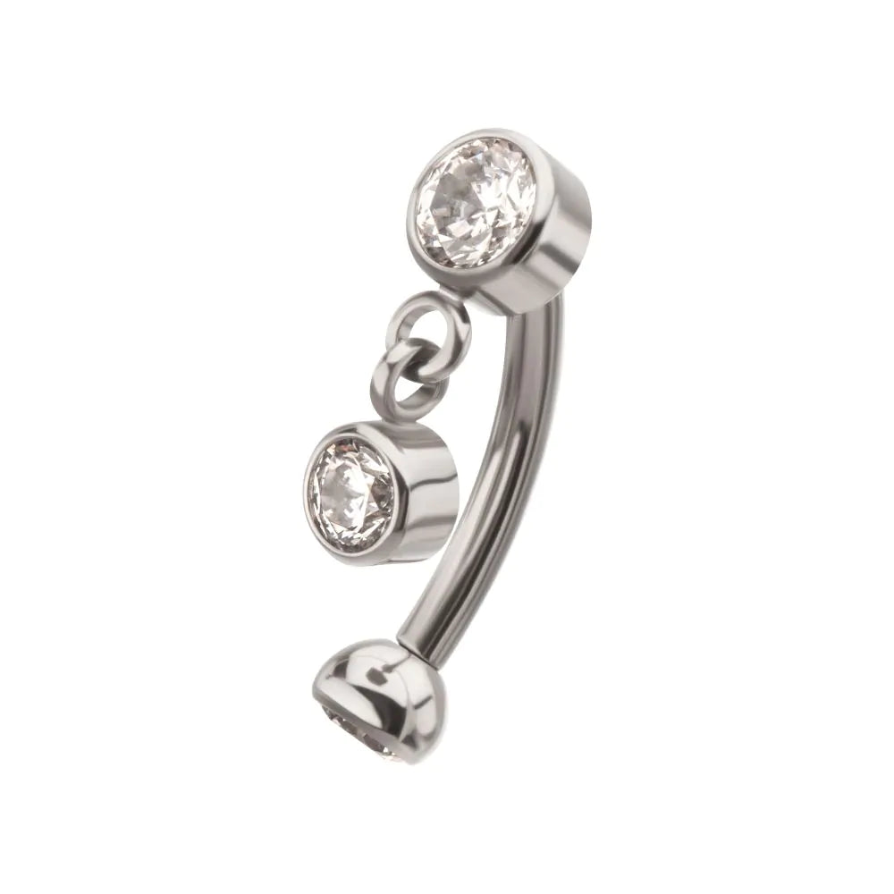 Bezel Fixed Top Curved Barbell with Floating Gem Dangle