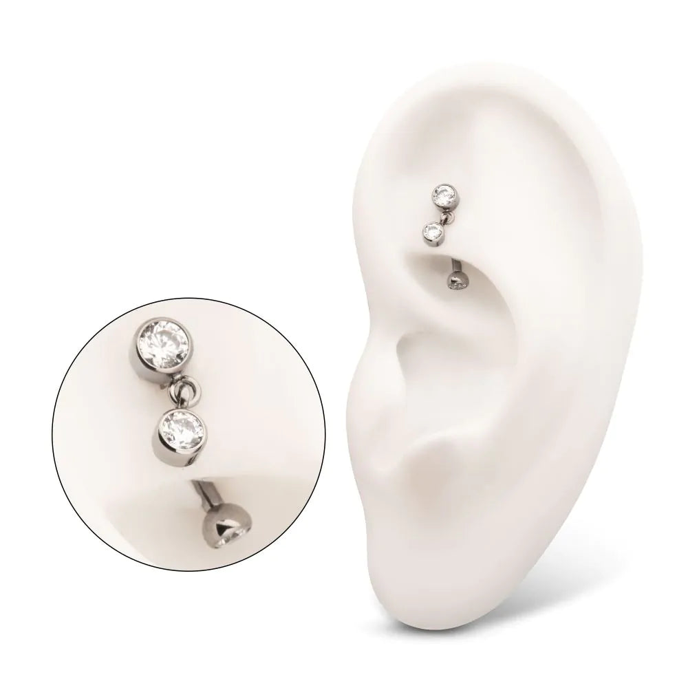 Bezel Fixed Top Curved Barbell with Floating Gem Dangle