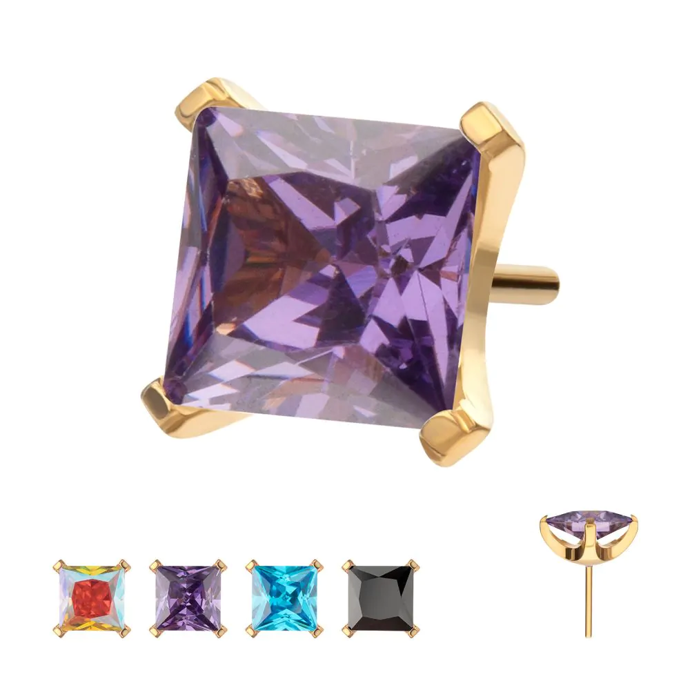 A close-up of a princess-cut prong-set Swarovski crystal, shown in various gem colours, with an alternate view of the jewelry from the side.