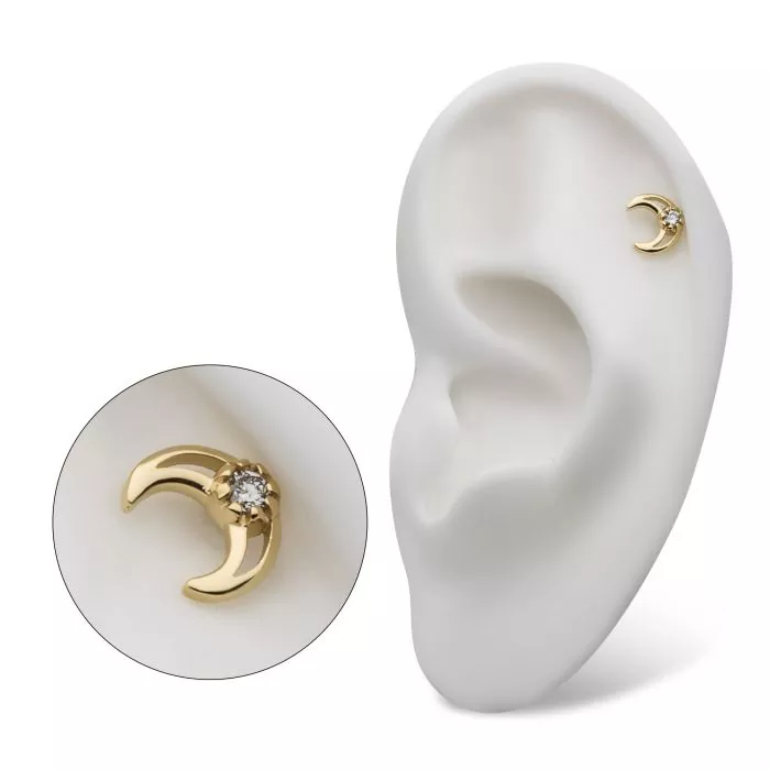 14k Gold Crescent Moon with Diamond Center