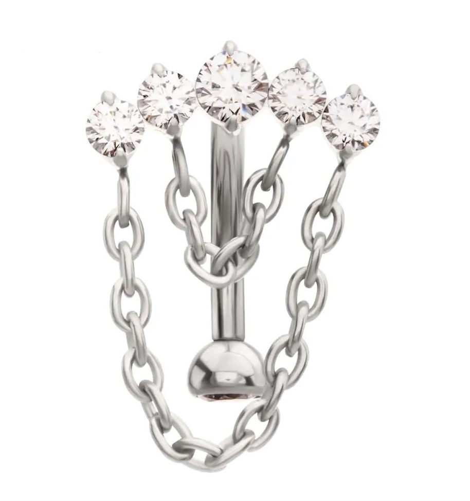 5-Gem Cluster Curved Barbell with Double Chain Dangle