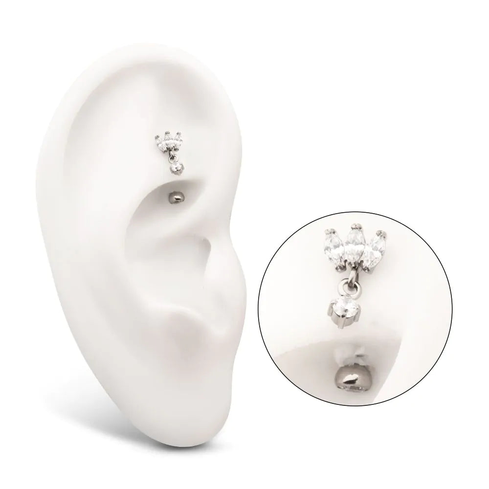 Triple Marquise Curved Barbell with Floating Gem Dangle