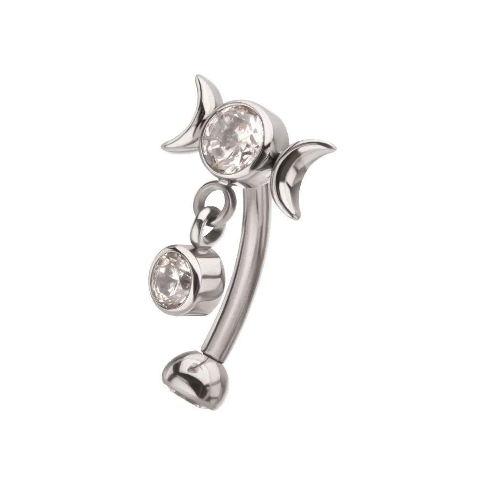 Triple Moon Curved Barbell with Floating Gem Dangle