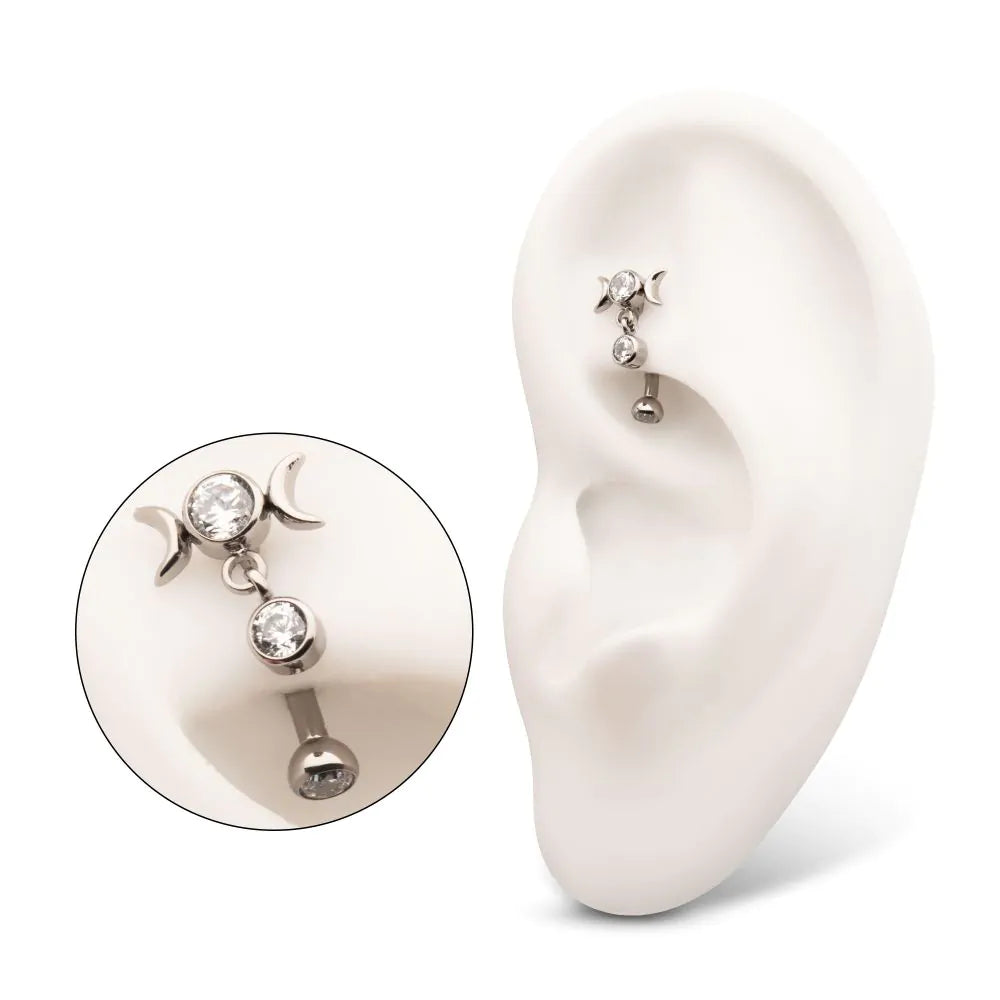 Triple Moon Curved Barbell with Floating Gem Dangle